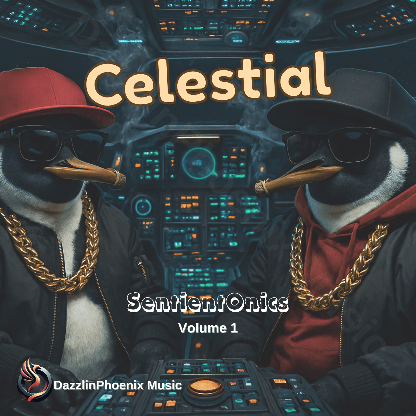 Happy celestial penguins inviting artists to use a DazzlinPhoenix beat